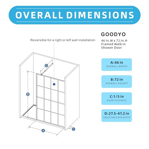 Goodyo 46" x 72" Shower Glass Door Tempered Glass Shower Screen with Towel Rack Tool Bar for Walk in Bathroom, 16-Grid Modern Desigh, Matte Black Finish
