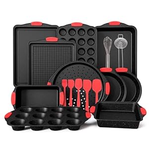 Kitchen Academy Nonstick Carbon Steel Baking Pans Set – 18 Piece Black Granite Stackable Bakeware Sets with Red Silicone Handles, 500°F Oven Safe, PFOA, PFOS, PTFE Free