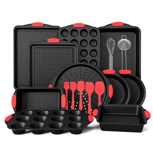 Kitchen Academy Nonstick Carbon Steel Baking Pans Set – 18 Piece Black Granite Stackable Bakeware Sets with Red Silicone Handles, 500°F Oven Safe, PFOA, PFOS, PTFE Free