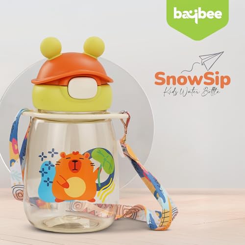 Image of BAYBEE SnowSip Baby Sipper Bottle with Straw for Kids | Spill Proof & BPA Free Safe Sipper | Cute Cartoon Design Smooth Sipping & Neck Strap | Water Bottle for School Kids Boys Girls (540ml, Green)