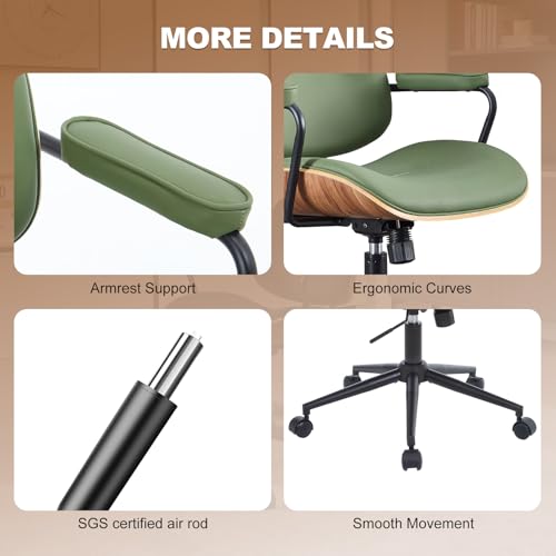 Image of Mid Century Modern Office Chair with Adjustable Backrest, Wooden Desk Chair with Armrests, Swivel Height Adjustable Home Office Chair, Comfortable Task Chair for Home Office, Green