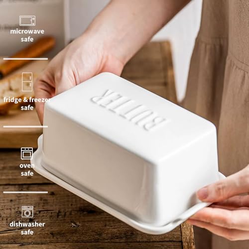 Porcelain Covered Butter Dish with Lid for Countertop Butter Holder Container for One Stick of Butter. Textured Tray Butter Keeper for Non Slip Storage-Porcelain,White - Image 2