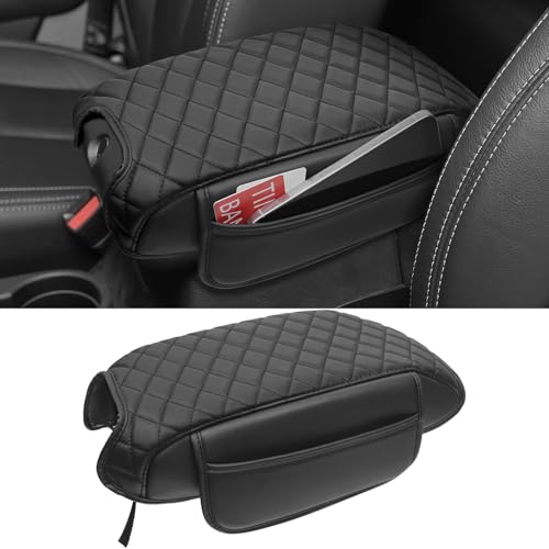 Image of Center Console Armrest Cover Compatible with 2011-2017 Jeep Wrangler JK Accessories Black Leather Arm Rest Lid Protector with Storage Pockets