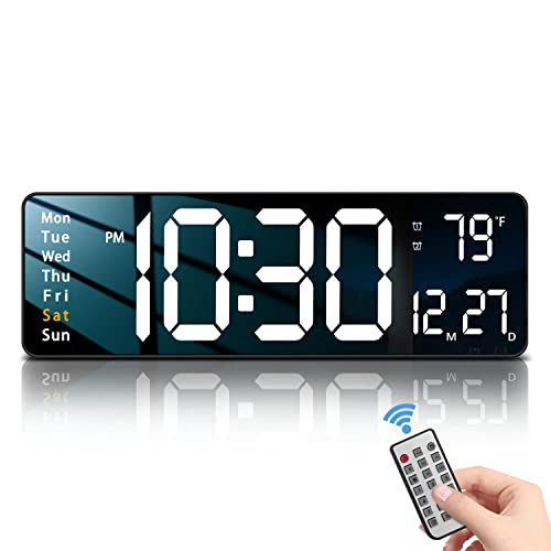 Image of JoFomp Digital Wall Clock - Large 16 Inch LED Display, Remote Control, Alarm Clock, Automatic Brightness, Date, Week, Timer, Temperature - 12 /24H - Wall Mount for Home, Office (White)