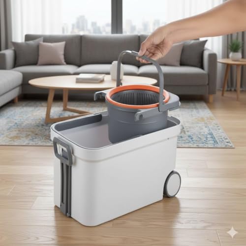 Image of 360 Rotating Easy Floor Cleaning Bucket Spin Mop with Stainless Steel Adjustable Handle & Wheels mop Set with 2 Microfiber Refill (Bucket Spin Mop)