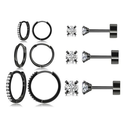 6 Pairs Sterling Silver Earrings Sets for Multiple Piercing Small Black Gold Plated Huggie Hoop Flat Back Surgical Steel Tiny CZ Stud Earrings for Women Trendy Cartilage Hypoallergenic
