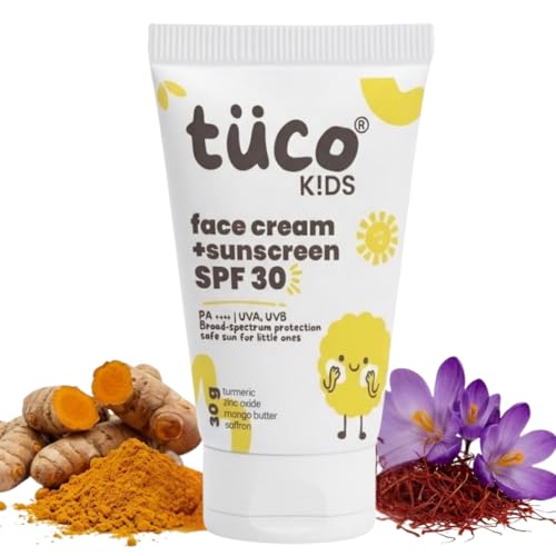 Image of Tuco Kids 2 in 1 Face Cream + Sunscreen SPF 30 with Saffron oil for Kids | Ages 2-5, 5-10, 10-15 | UVA /UVB PA++++ | Broad Spectrum | Benzophenone- 3, Avobenzone Free | 30gm |