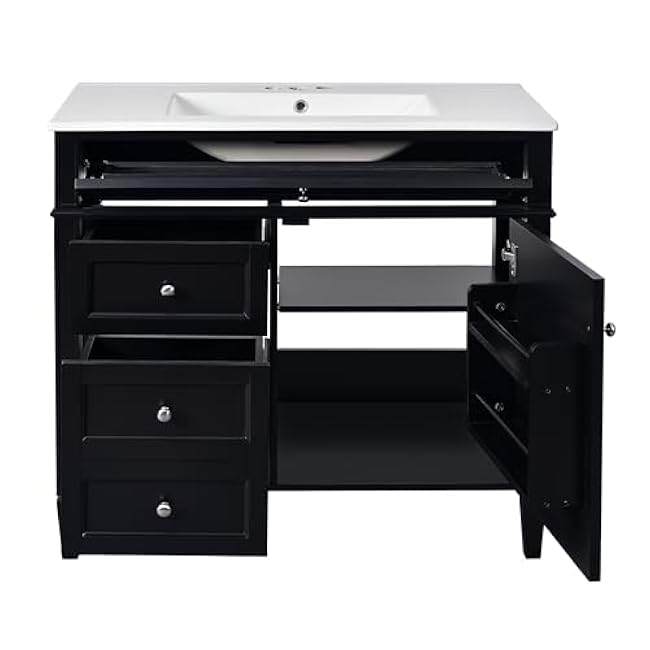 Maximize Storage with Modern Bathroom Vanity, Mirror Cabinet Combo, 2 Soft Closing Doors and 4 Drawers, Black Finish