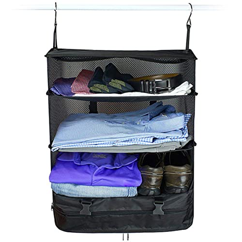 Maalr Travel Luggage Organizer Portable Travel Shelves Bag 3-Shelf Suitcase Packing Cube Collapsible Hanging Closet Storage Bag Space Saver for Wardrobe Suitcase Carry On(svart)