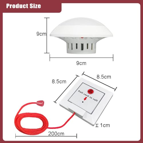Disabled Toilet Alarm Kit (1 SOS Pull Bell+1 Receiver) | Audible&Visual, 2m Red Emergency Pull Cord | For Hospital, Nursing Home,Hotel | Emerg Call for Accessible Toilet/Bathroom/Washroom