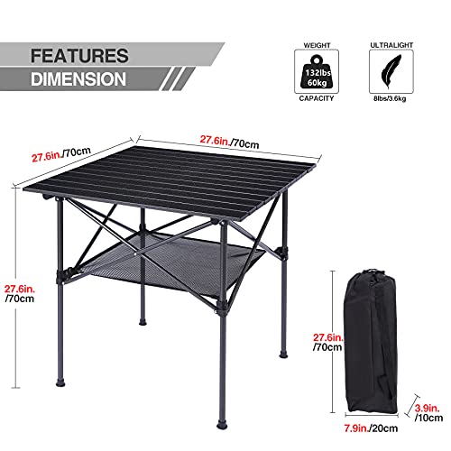 Stonehomy Aluminum Camping Table Roll Top With Mesh Storage, Folding Lightweight Roll Up Table Square For Outdoor Camping Grill, Black, 27.6X27.6 Inch #TOP1