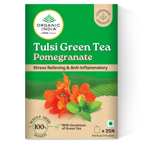 Image of A TATA Product - Organic India Tulsi Green Tea Pomegranate - 25 Tea Bags, Certified Organic, Stress Relief, Rich in Antioxidant, Tulsi & Pomegranate Infusion