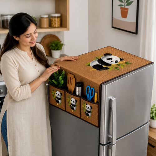 Image of Refrigerator Top Cover for Single Door & Double Door 165-225 Litre | Washable, Anti-Slip Protective Velvet Fabric Fridge Top Cover with 6 Storage Pockets, Extra Storage Space 101 x 55 cm