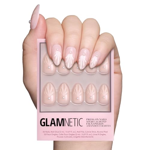 Glamnetic Press On Nails - Honeymoon | Short Almond Nude Fake Nails with 3D Nail Art and Glossy Velvet Finish, Salon Quality | 15 Sizes - 30 Nail Kit with Glue
