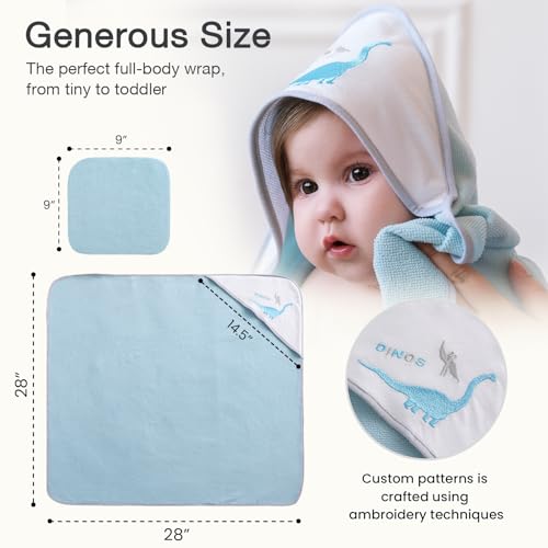 Image of Softan Baby Hooded Towels and Washcloths Set 6 Pack, 28x28 Ultra Soft & Absorbent Baby Bath Towels for Newborn Infant Toddler, Unisex Boys Girls (Blue Dionsaur)