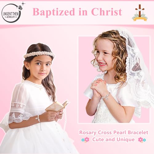 UNGENT THEM Rosary Cross Pearl Bracelet Baptism Communion Catholic Confirmation Easter Gifts for Girls Granddaughter Daughter Niece4