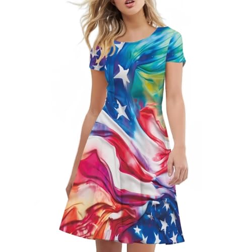 Image of POLERO Women Puffy Swing Elegant Party Midi Dresses Short Sleeve Round Neck A-Line Dress