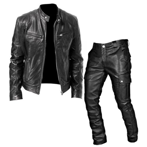 Traje de motocicleta de piel sintética para hombre, chaqueta de motocicleta con cremallera completa con múltiples bolsillos y pantalones cargo de poliuretano, chaqueta y pantalones impermeables, Negro