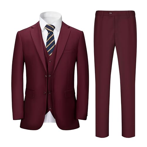 Men's Suits Slim Fit Suit Sets for Men Prom Wedding Suit 3 Pieces Business Blazer Vest Pants Set Burgundy S