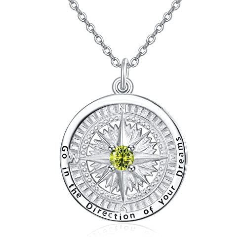 KINGWHYTE Collar de piedra natal para mujer, plata de ley 925, colgante de brújula, ir en la dirección de tu sueño, joyería de viaje, regalo de cumpleaños para ella, Plata esterlina, Circonia cúbica