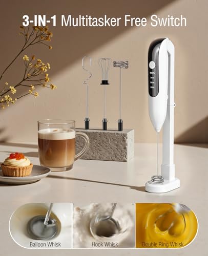 Image of Dynooper 3 in 1 - Electric Whisk Milk Foamer, Electric Whisk Foam Maker for Coffee, Lattes, Cappuccino, Matcha, Hot Chocolate & Creamer - Ceramic White