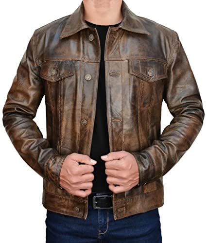 Men's Brown Trucker Vintage Motorcycle Western Biker Slim Fit Genuine Leather Trucker Jacket