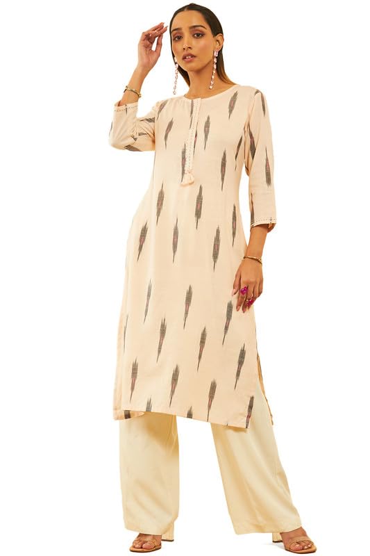 Image of Soch Womens Cotton Ikat Printed Straight Kurta with Sequins