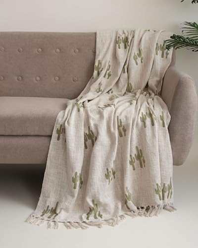 Image of Handmade Cotton Jute Sofa Throw Blanket (50x70 inch) with 2 pcs Cushion Cover (16x16 Inch) Couch & Bed Throws (Pack of 3, Cactus Print)