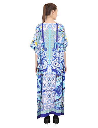Image of Miss Lavish London Kaftan for Women Dress V Neck Summer Swimsuit Cover Up Blue Caftan Maxi Beach Dress, Plus Size African Kaftan with Batwing Sleeves, Side Slit & Pockets on Both Sides-Blue-XL