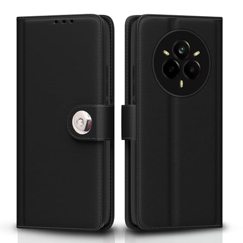 Image of Pikkme Flip Cover Leather Finish | Inside TPU with Card Pockets | Wallet Stand and Shock Proof | Complete Protection Button Flip Case for Realme 14 Pro 5G(Black)