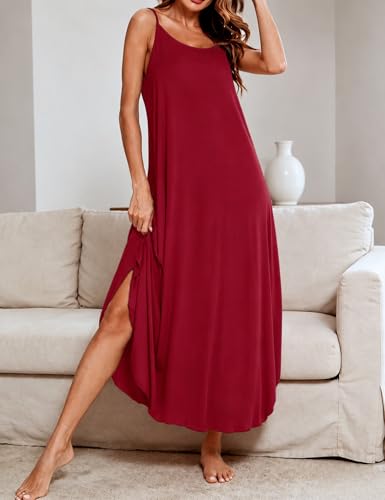 Image of SWOMOG Women Long Nightgown Pajama Dress Soft Strap Nightdress Summer Sleeveless Nightshirt Lounge Dress with Pockets