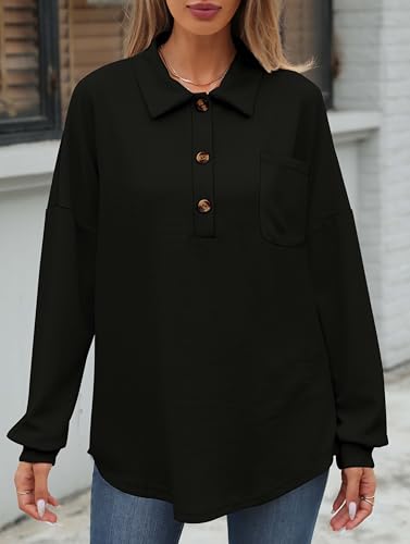 Image of ZAAYO Women Waffle Knit Tops Henley Shirts V Neck Long Sleeve Solid Color Casual Tunics Blouse