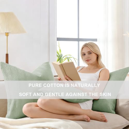 Image of 100% Cotton Throw Pillow Covers 24x24 Set of 2 Soft Breathable Euro Shams Square Cushion Case for All Seasons Decorative Pillowcase for Sofa Couch Bedroom,Sage Green