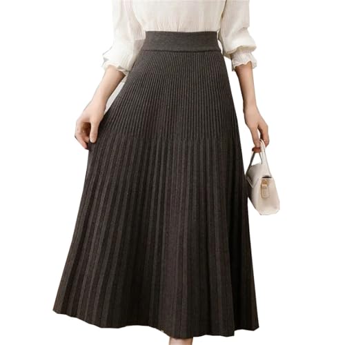 Women Winter Friendly Half-Leng Long Knitted Wool Skirt Elastic Waist A- Line Dark Khaki One Size
