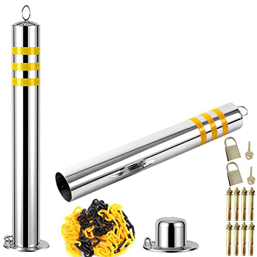 CUTPOIY Bollard Post,2 PCS Parking Barrier with Chain and Expansion Bolts,Stainless Steel Bollard Post for Parking Spaces,forecourts,Construction Sites,Block Off Areas (76x800mm)