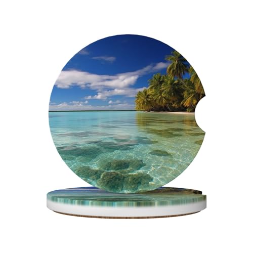 Lot de 2 dessous de verre universels pour voiture de 6,5 cm, lagon Aitutaki, îles Cook, dessous de verre absorbant en céramique antidérapant avec base en liège et encoche de doigt, tapis de voiture