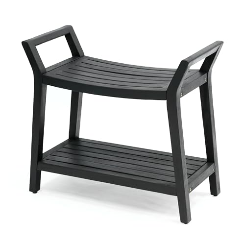 JONATHAN Y STL1000B Orla 25.6" Modern Classic Slatted Solid Acacia Wood Indoor/Outdoor Shower Bench with Shelf and Handle