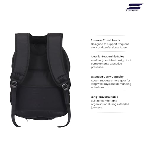 Image of Supasac EMPEROR Professional 39L Backpack for Office and Daily Carry Black | Water Resistant, Premium Polyester Laptop Backpack for Men and Women