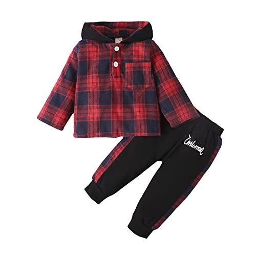 Image of VOLUOVO Toddler Baby Boy Clothes Plaid Pocket Hoodie Sweatshirt+Pants Outfits Set