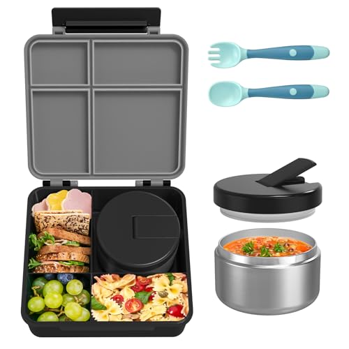 Bento Lunch Box with 8oz Soup Thermo, Leak-Proof Lunch Containers with 4 Compartment, Thermo Hot Food Jar and Insulated Lunch Bag for School Black