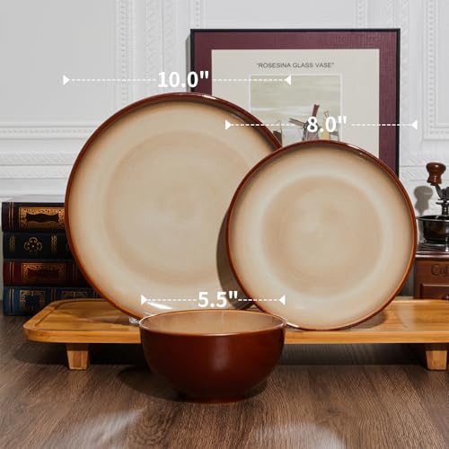 Image of Pokini Ceramic Dinnerware Sets for 6, 18 Pieces Stoneware Plates and Bowls Sets, Chip and Crack Resistant Dishes, Dishwasher & Microwave Safe Dishware Sets, Brown Yellow