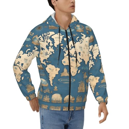 Sweat à capuche pour homme avec fermeture éclair et motif carte du monde