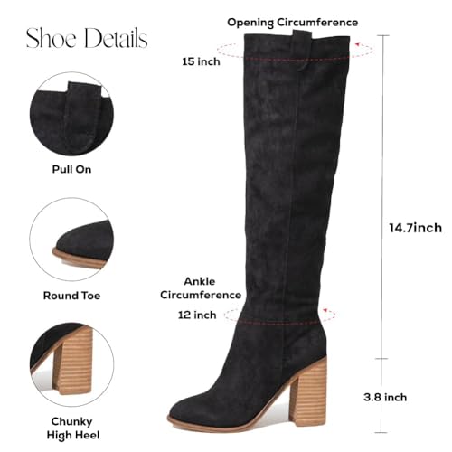Erocalli Suede Knee-High Boots Fall Boot For Women Chunky Block High Heel Slouch Fashion Boot Round Toe Side Zipper