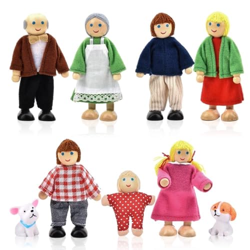 yotutun Famille Poupées en Bois pour Maison avec Chat et Chien, 9 Pièces Ensemble de Poupées pour Enfants Personnages de Maison de Poupée pour Accessoires...