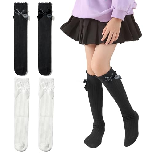 2 par knästrumpor för skola, longo långa flickstrumpor 40 cm för flickor skoluniform för flickor 6–12 år, Svart och vit, one size