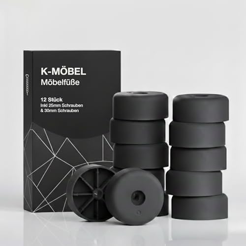 K-Möbel Möbelfüße Kunststoff 12 Stück 40x20mm inkl 25mm & 30mm Schrauben - Made in Germany - Füße für Möbel bis 300kg belastbar - Schrankfüße Schwarz - Möbelbeine für Schrank Sofa Tisch etc