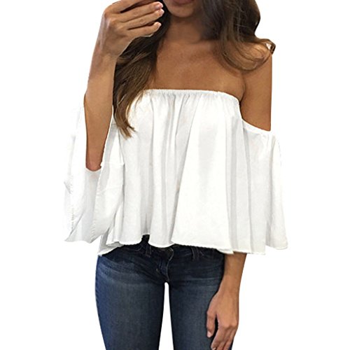 Ularma Damen Schulterfrei Trägerlos Chiffon Locker Langarm T-Shirt Top (S, Weiß)
