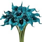 JUSTOYOU 20pcs Artificial Calla Lily 13' Fake Teal Flowers Wedding Bouquet Real Touch Flower for Bride Wedding Home (Peacock Blue)