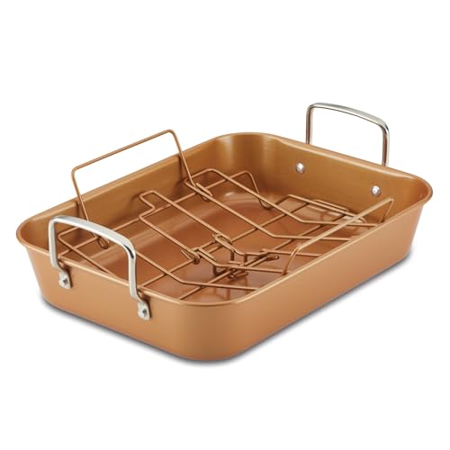 Ayesha Curry Nonstick Roaster / Roasting Pan with Rack - 11 Inch x 15 Inch, Brown  