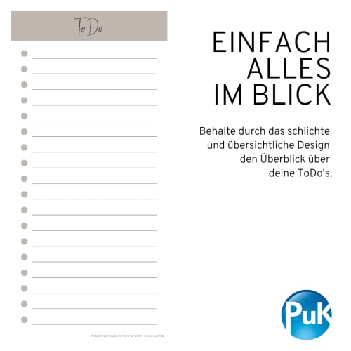 PuK To Do Block 50 Blatt zum Abreißen | 21 x 9,9 cm | wahlweise magnetisch | ToDo-Listen zum Abhaken | Schlichter Planer für Alltag oder Büro | Notizblock, Tagesplaner